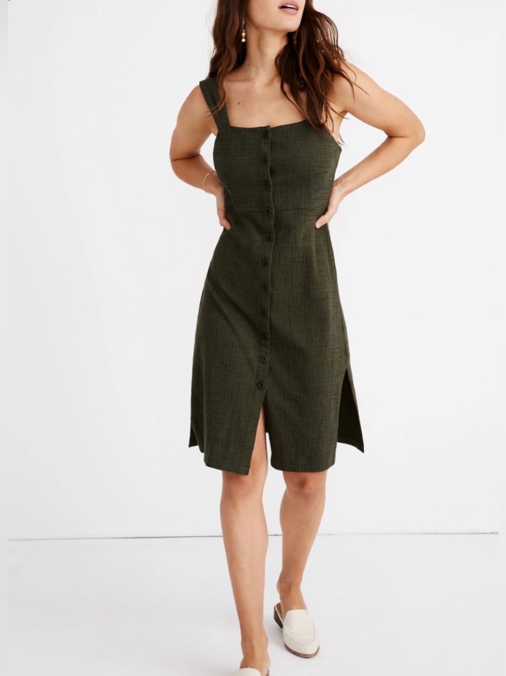 Madewell Texture & Thread Button-Front Tank Dress Forest Green